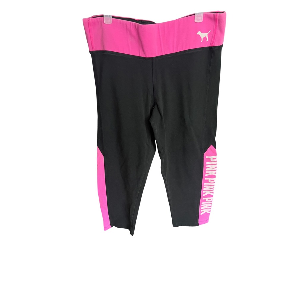 Victoria's Secret PINK Yoga Crop Leggings Black Neon Pink Foldover Medium 2014
